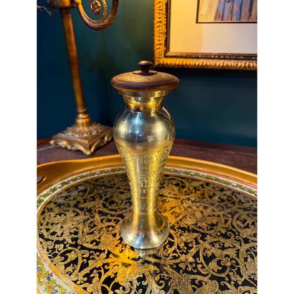 Etched Brass Vase with Hand-Carved Wood Lid -‎ Mid-Century Decor